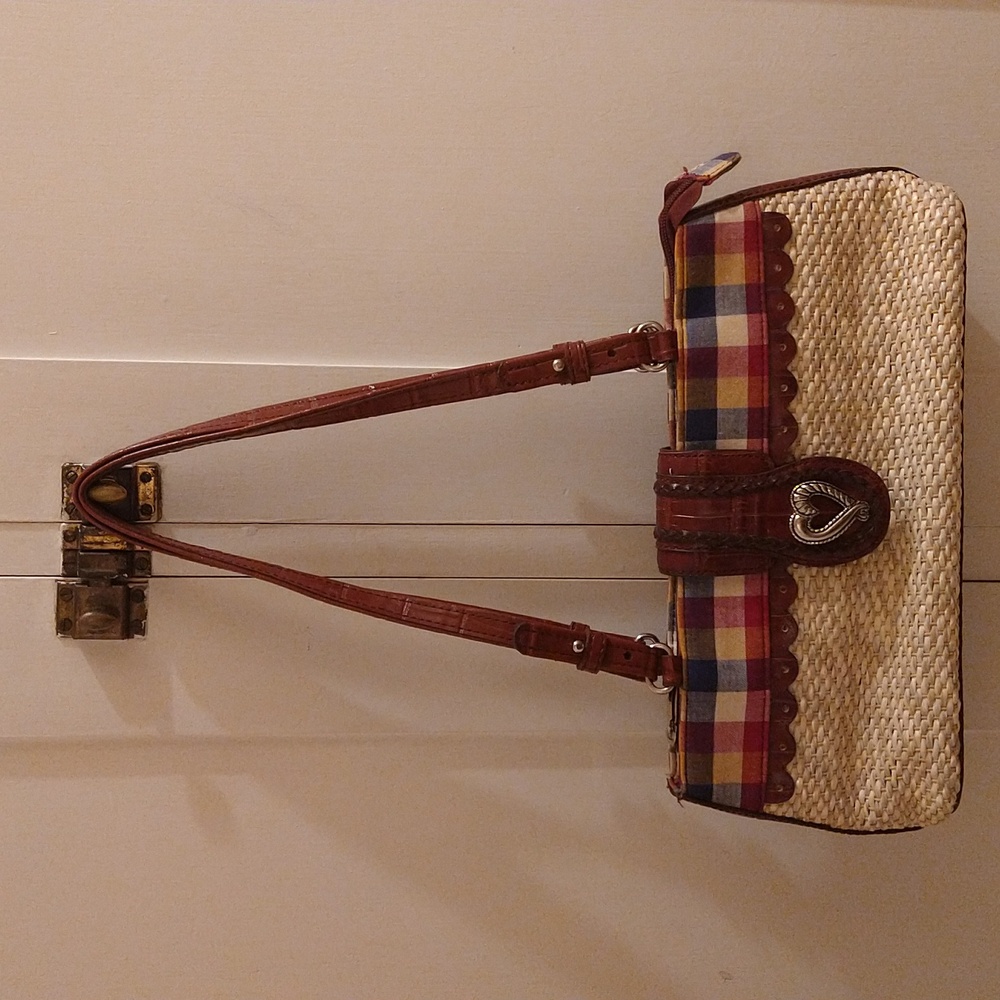 M.C. vintage straw and leather bag with plaid accents